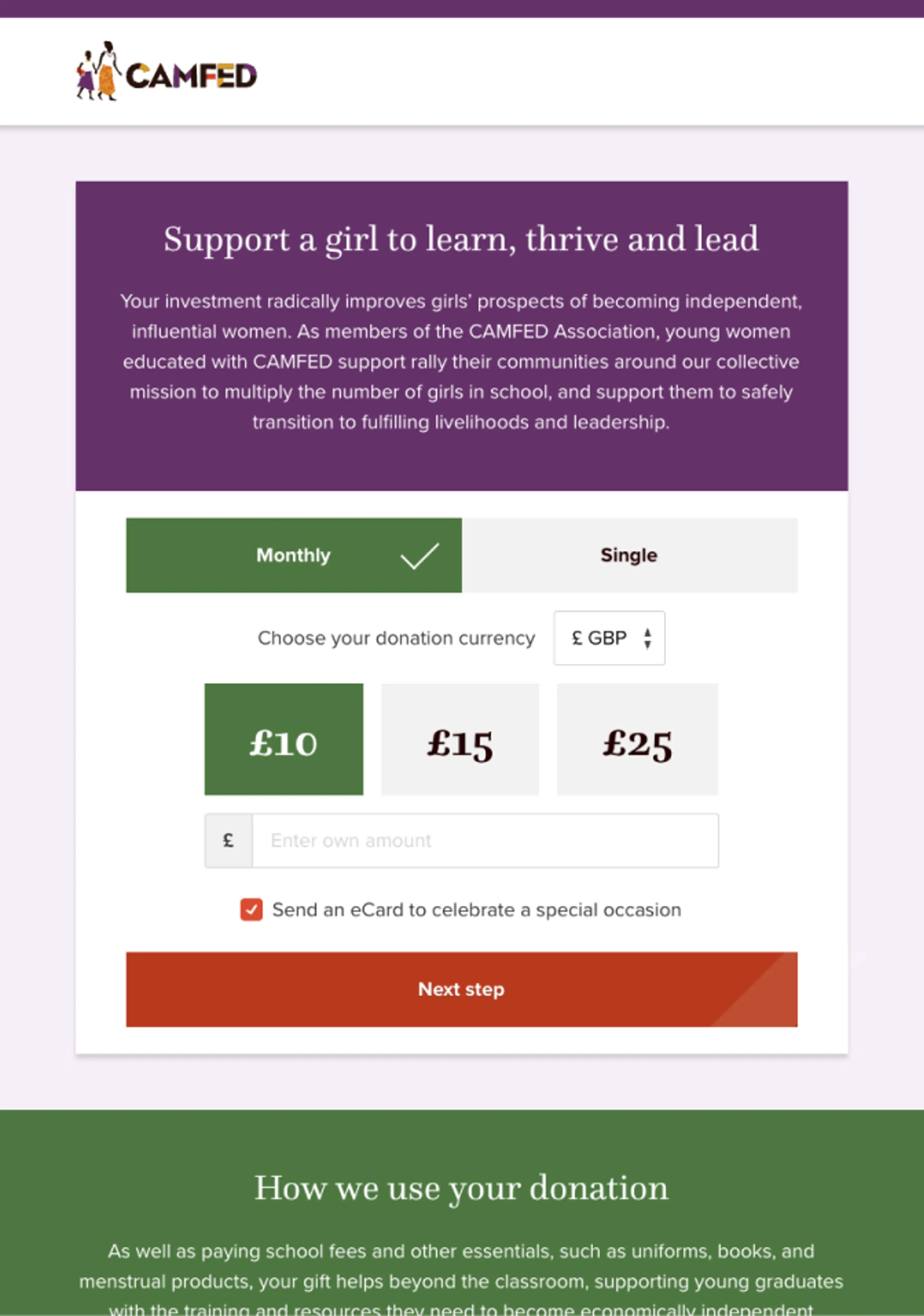 Camfed Donation Screenshot